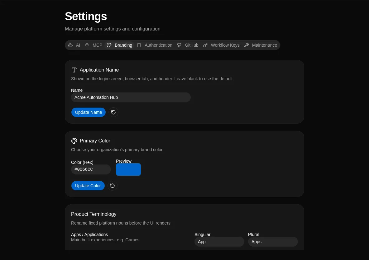 Branding settings: primary color, terminology, and logo upload