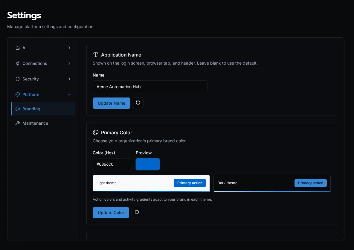 Branding settings: primary color, terminology, and logo upload