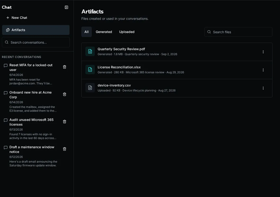 Generated and uploaded files in the Chat artifact library