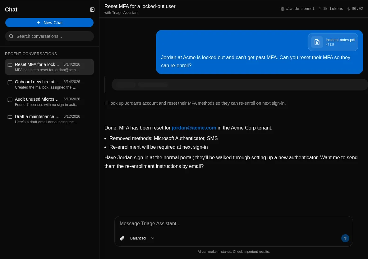 Chat conversation with a tool call and result
