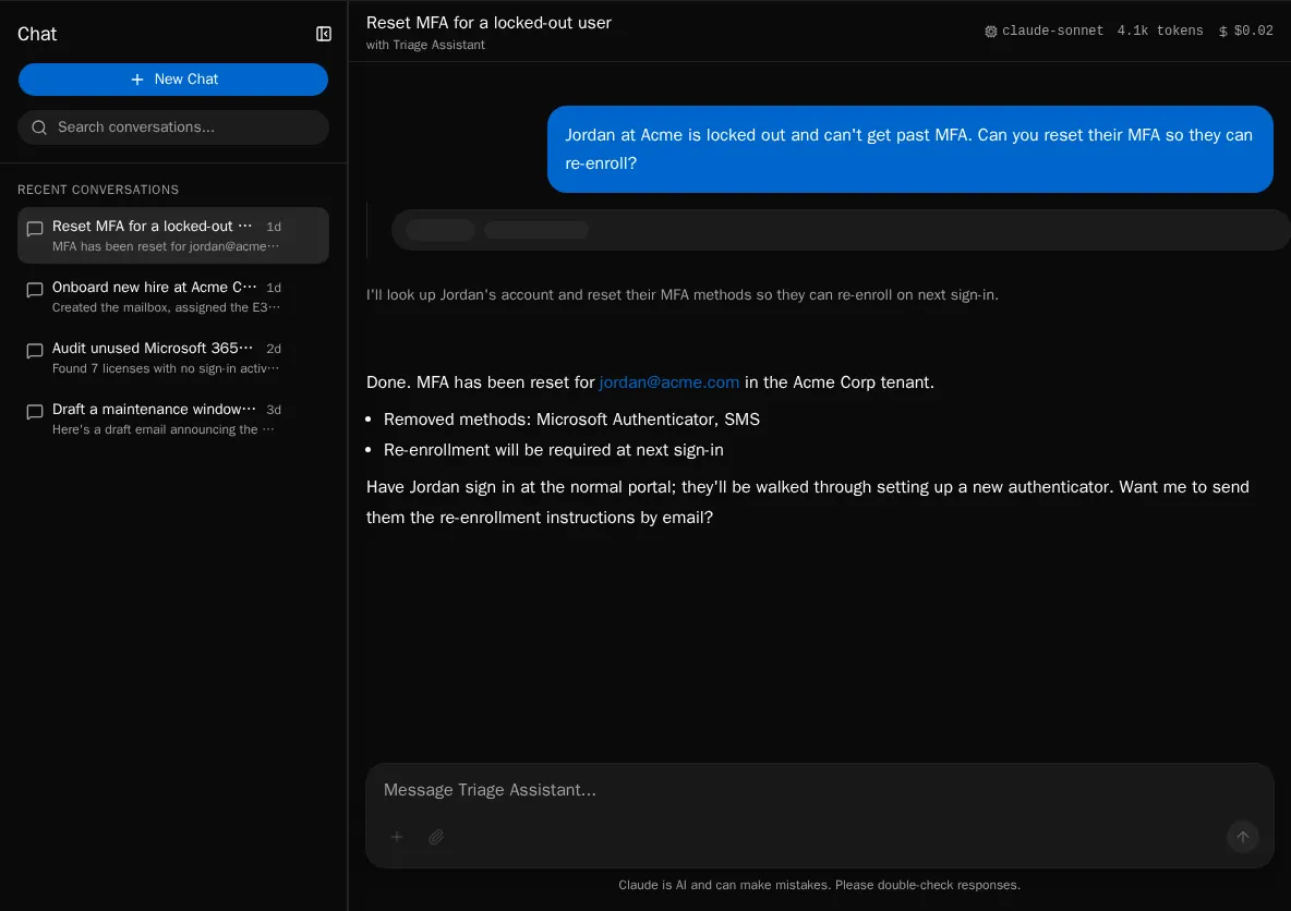 Chat conversation with a tool call and result