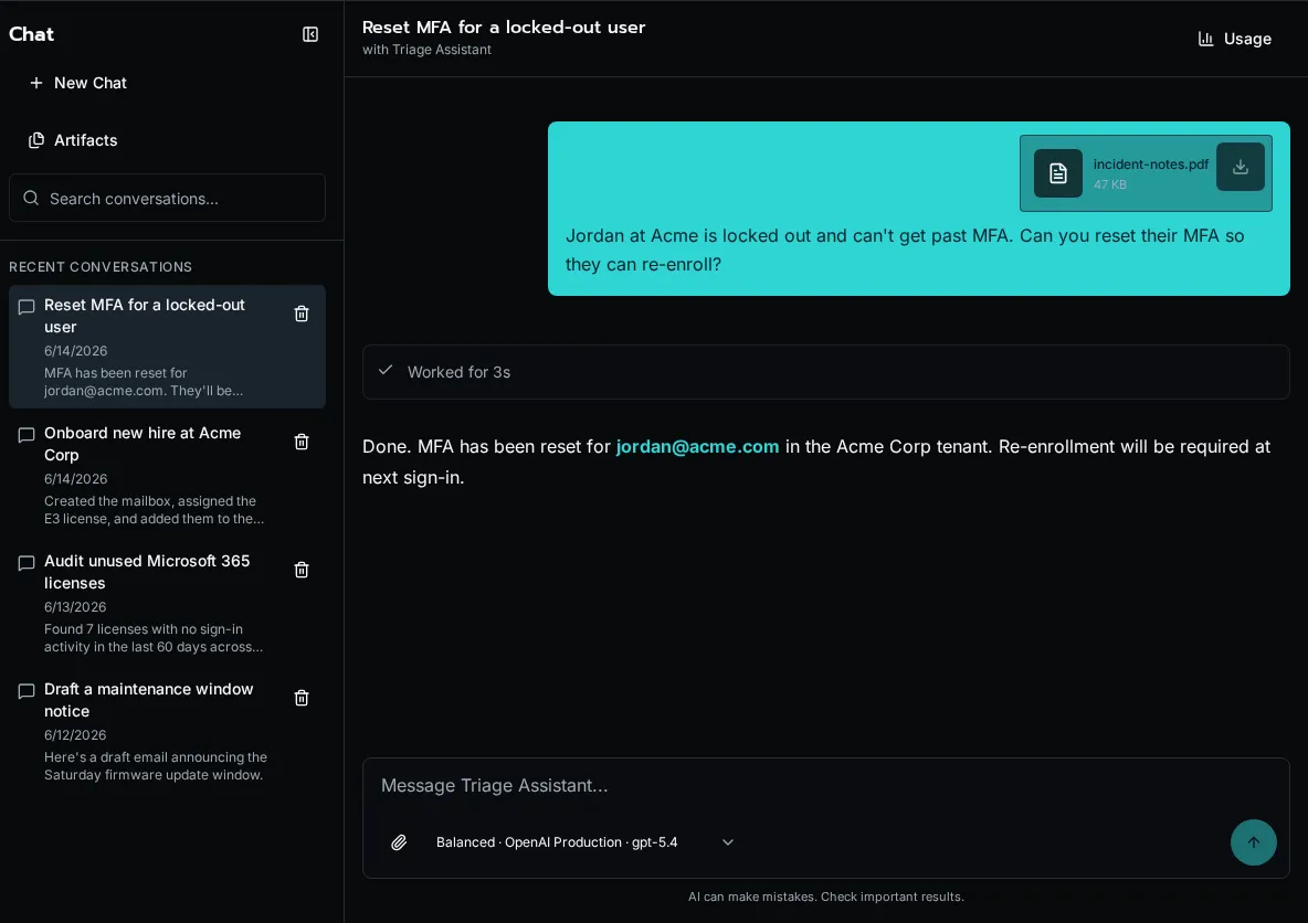 Chat conversation with a tool call and result