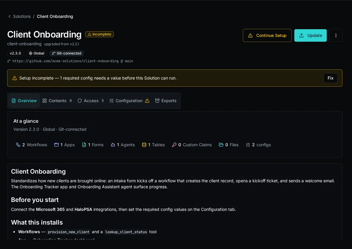 A solution install’s Overview tab, showing the rendered README alongside an at-a-glance summary of the workflows, apps, forms, and configs it deploys.