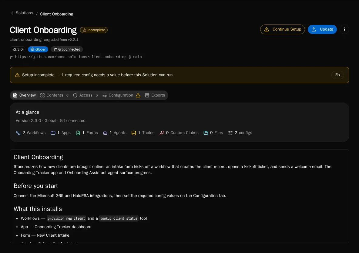 A solution install's Overview tab, showing the rendered README alongside an at-a-glance summary of the workflows, apps, forms, and configs it deploys.