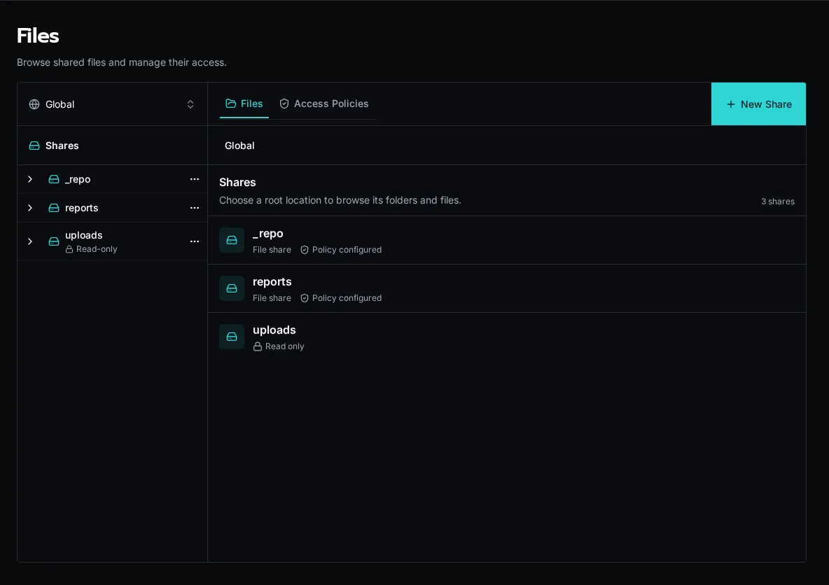 Files browser with global shares