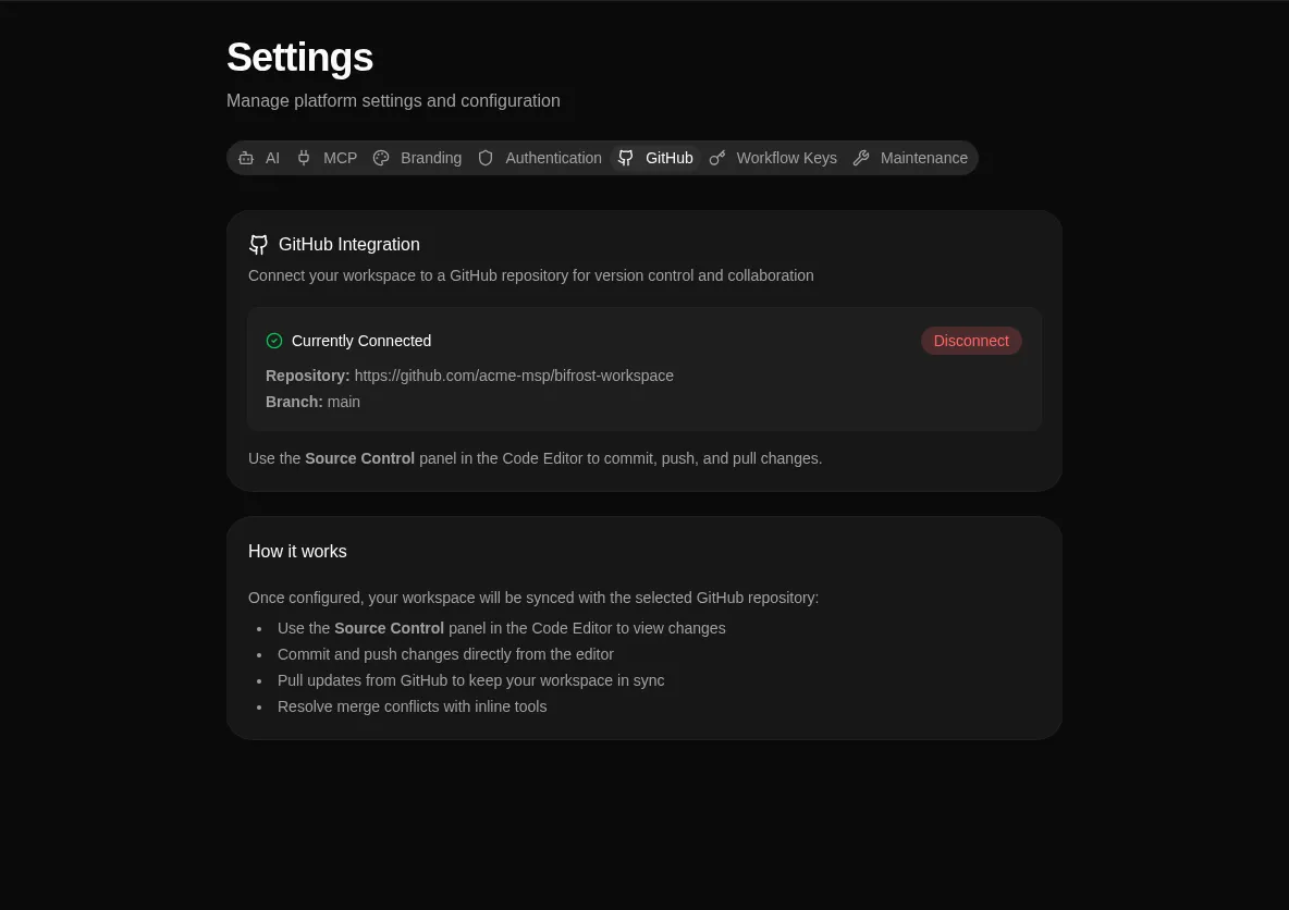 Connected GitHub integration showing the linked repository and branch