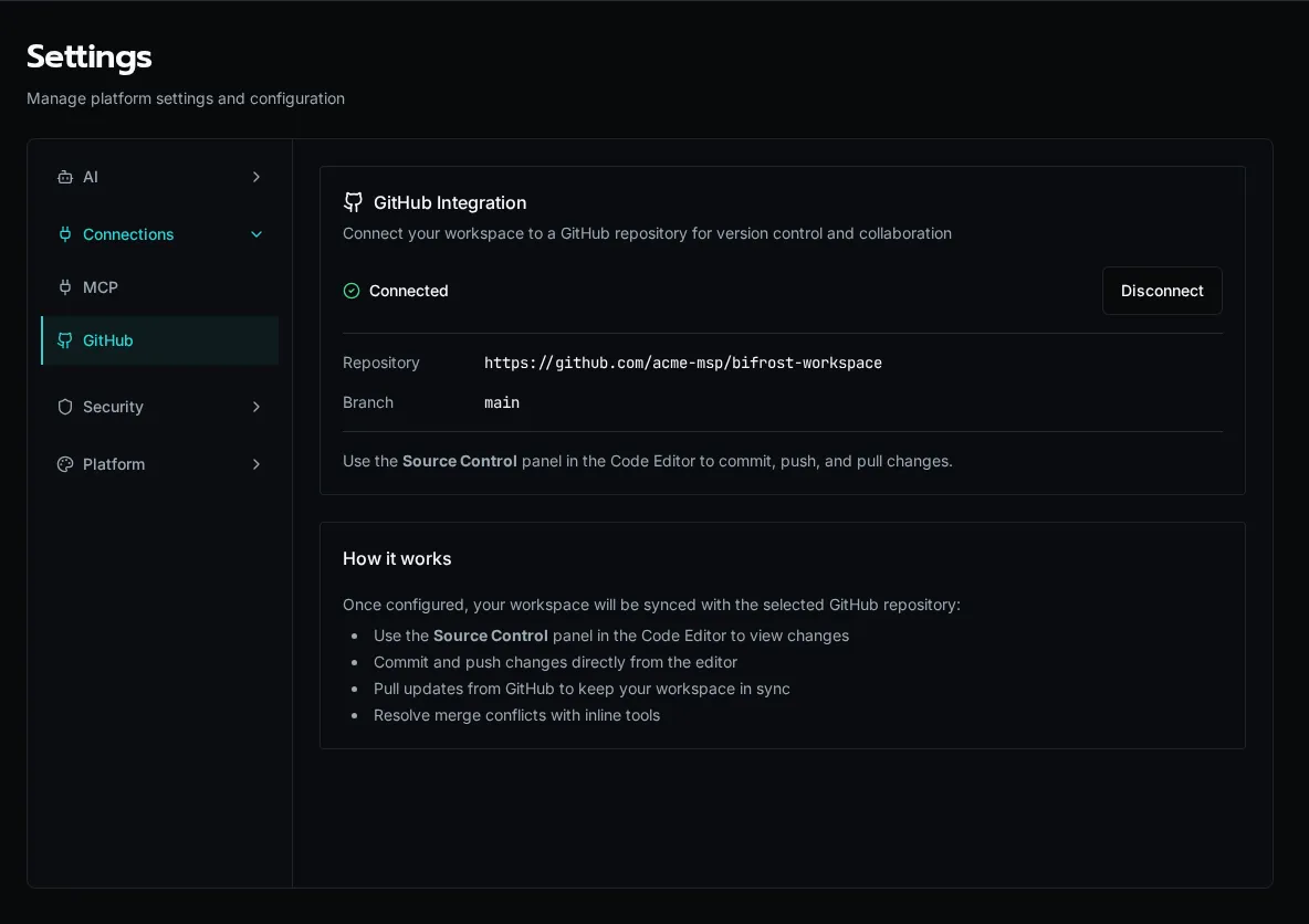 Connected GitHub integration showing the linked repository and branch