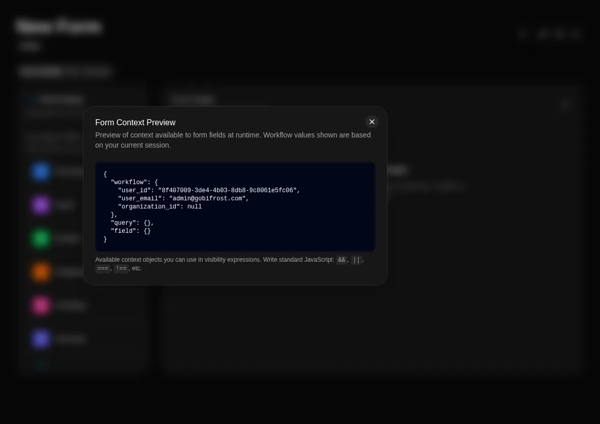 Form builder with context inspector open