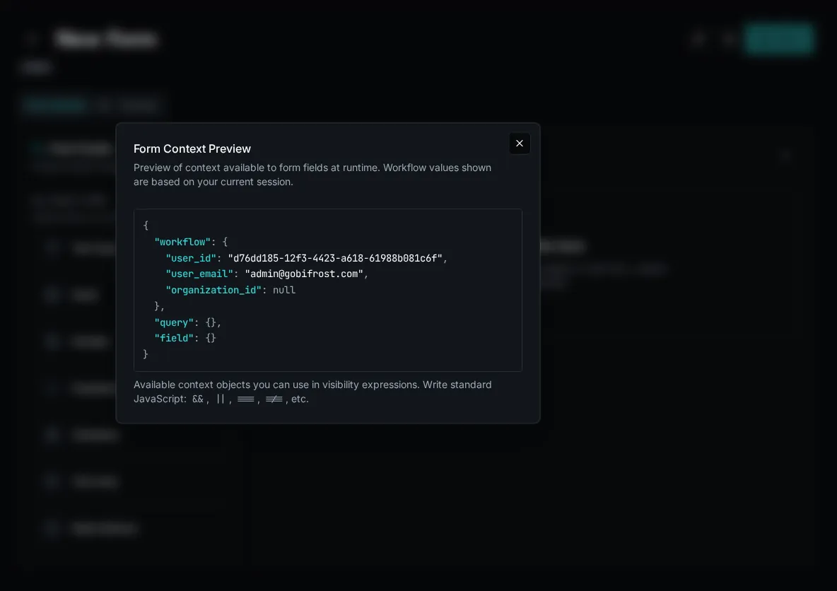 Form builder with context inspector open