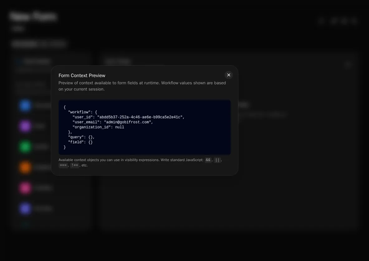 Form builder with context inspector open