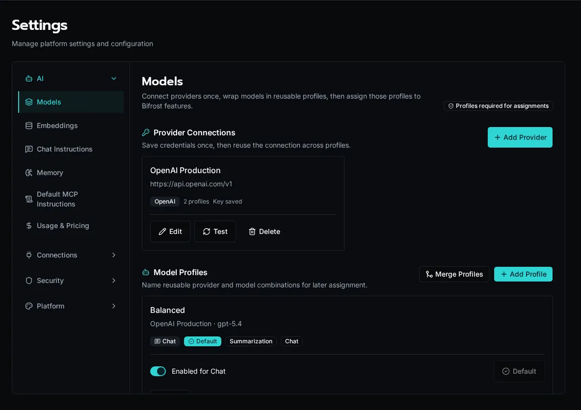 AI model settings with provider connections, reusable profiles, and assignments