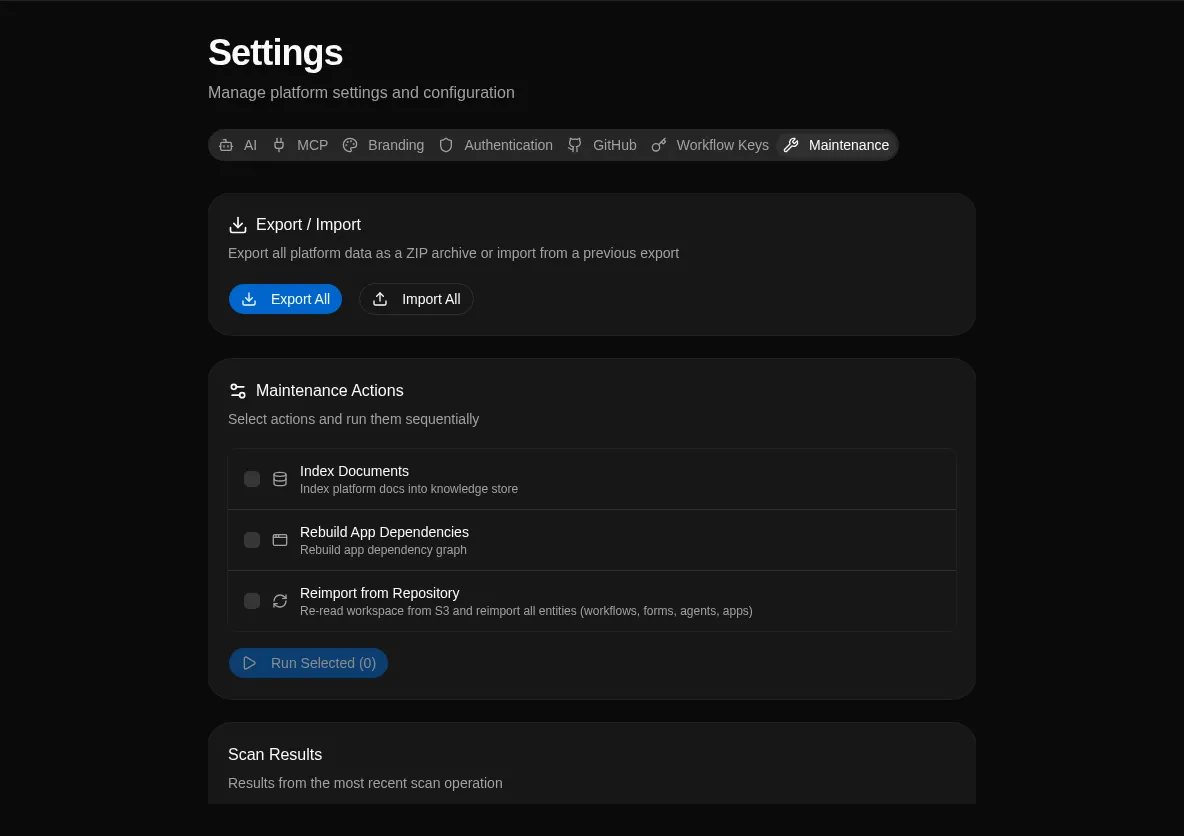 Maintenance tab showing the app dependency scan results