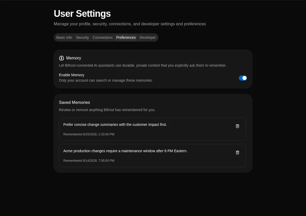 User memory preferences and saved memories