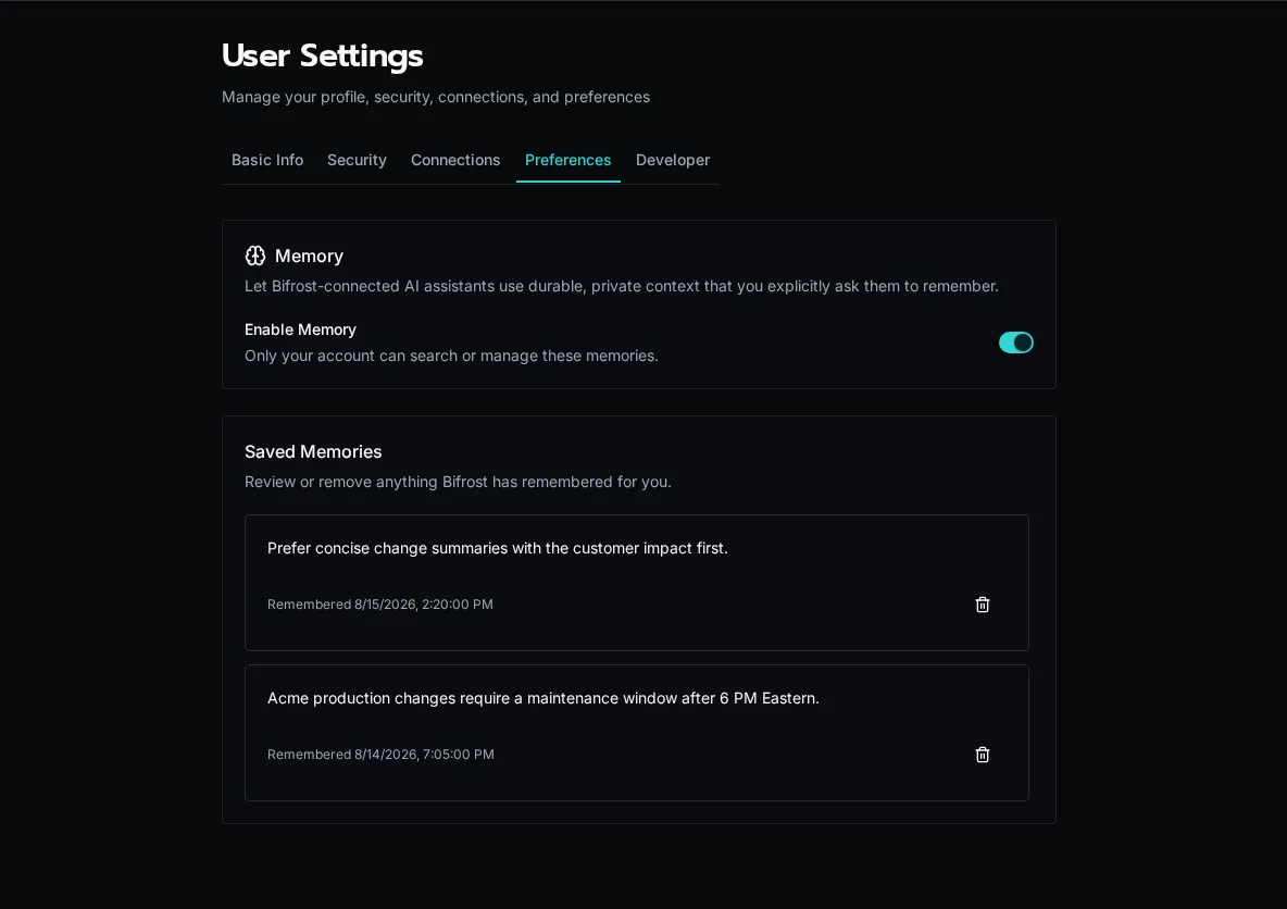 User memory preferences and saved memories