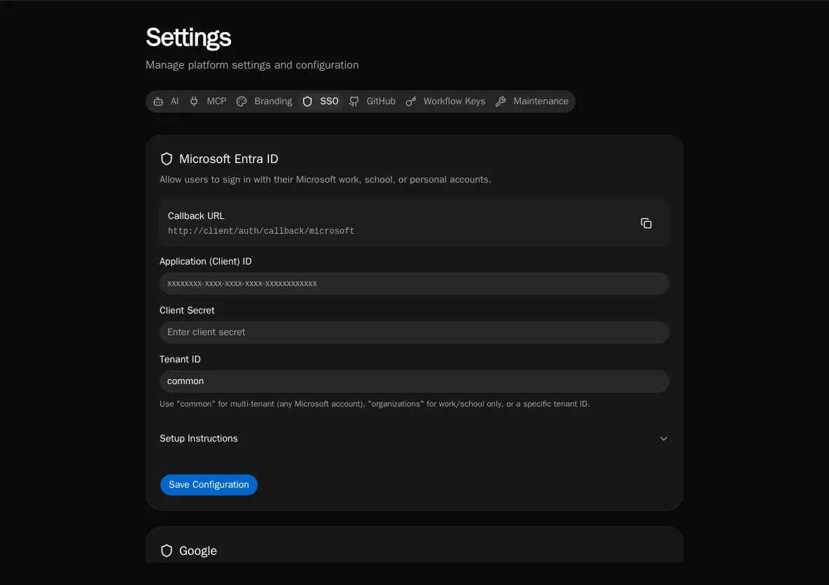 Settings SSO Landing
