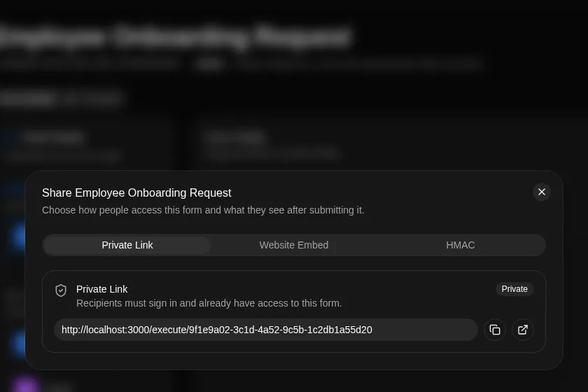The Private Link tab in the form Share dialog