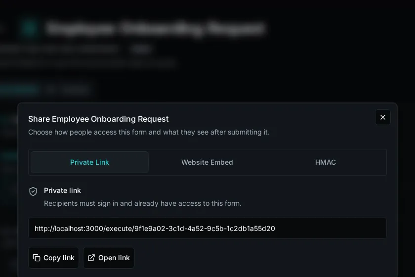 The Private Link tab in the form Share dialog