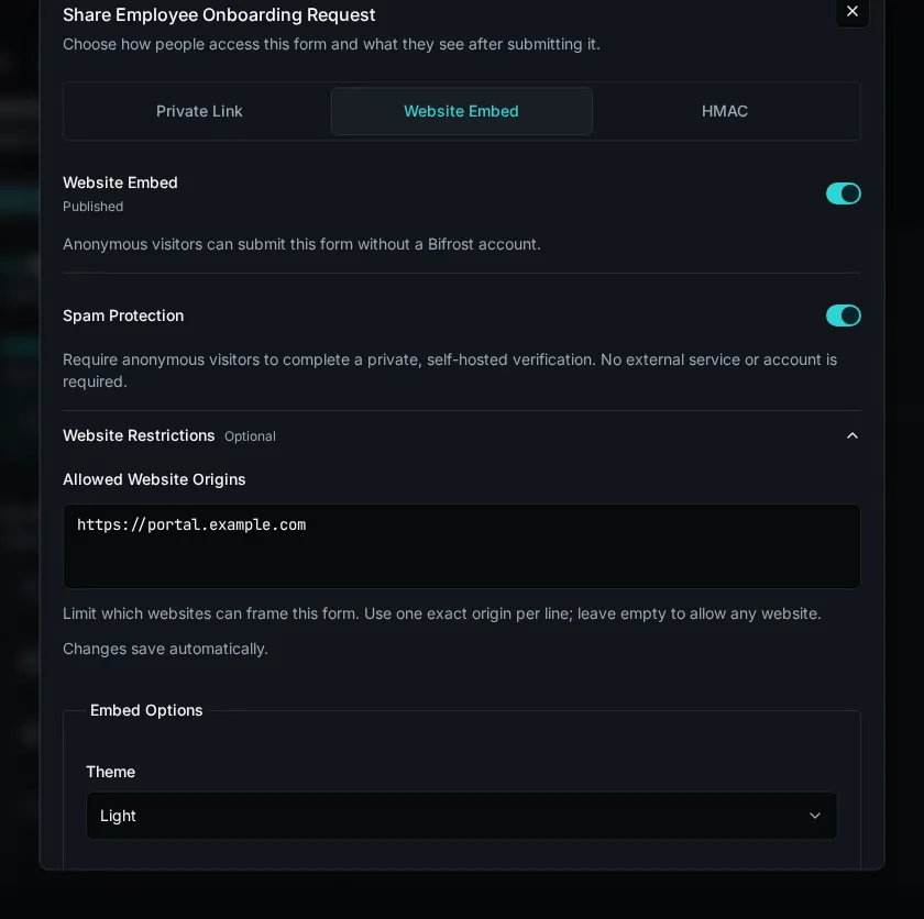 The Website Embed tab in the form Share dialog