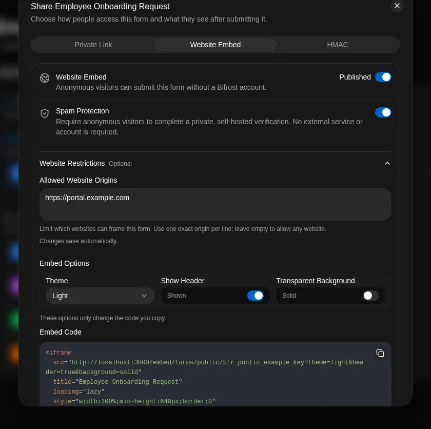 The Website Embed tab in the form Share dialog