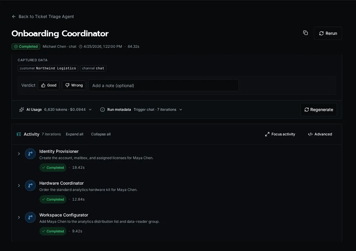 Agent run detail with delegated child runs