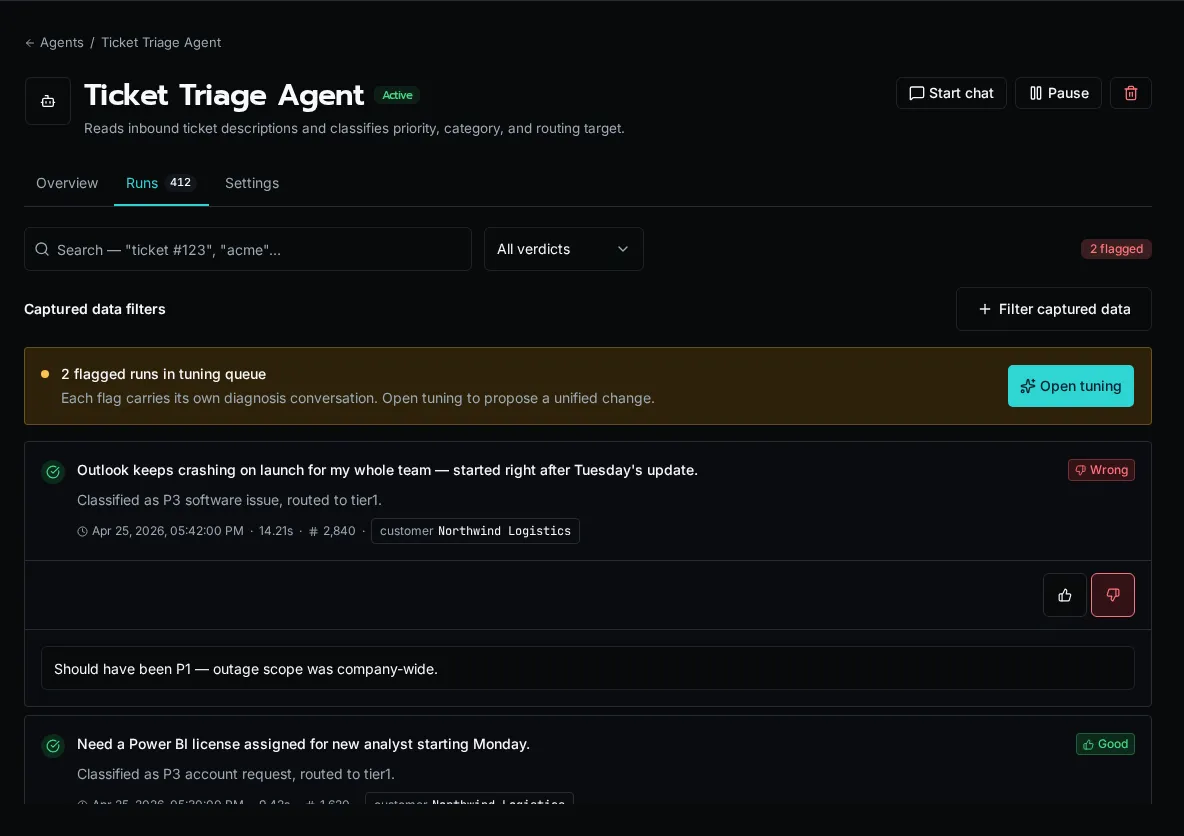 Agent runs tab with filters