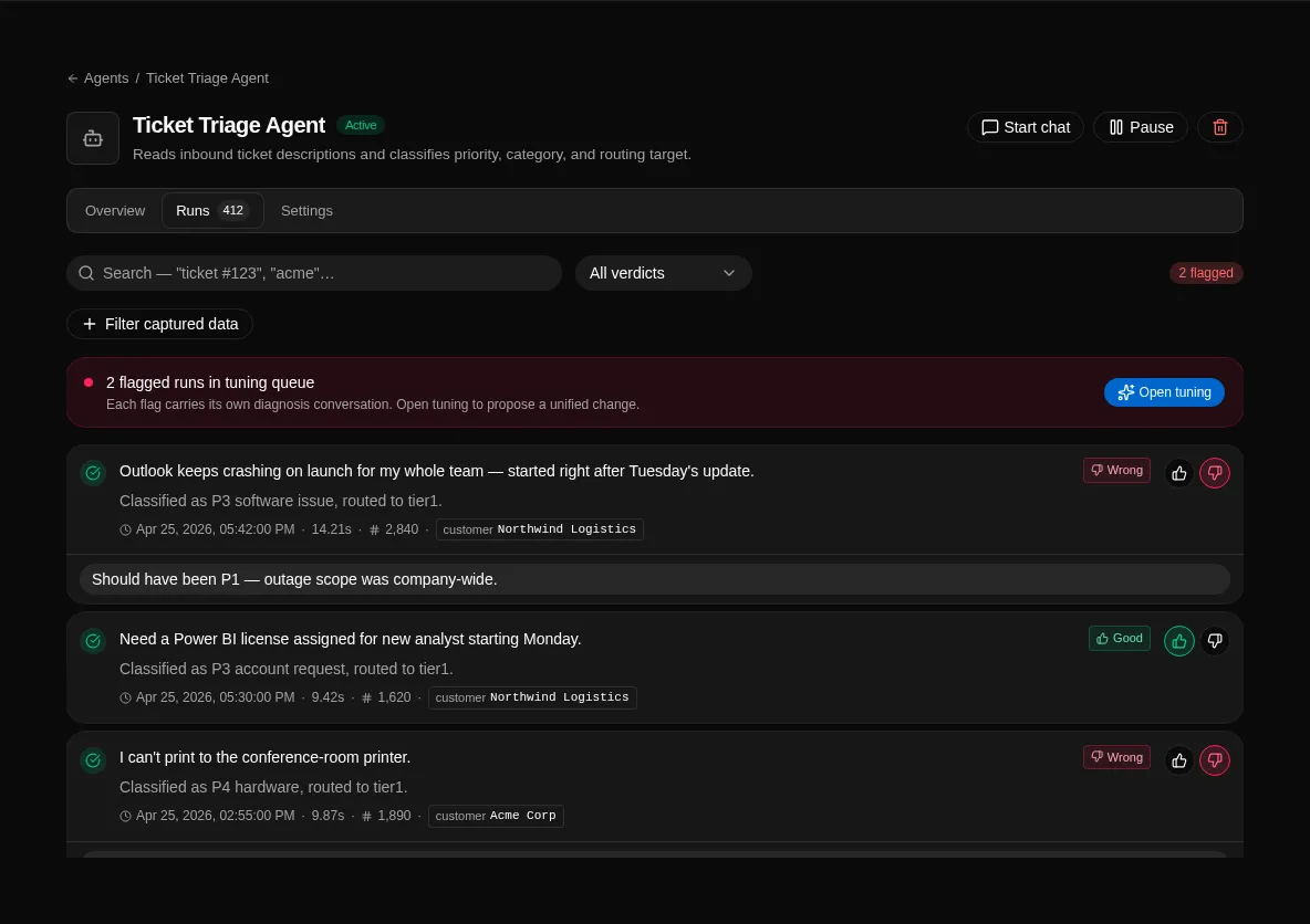 Agent runs tab with filters