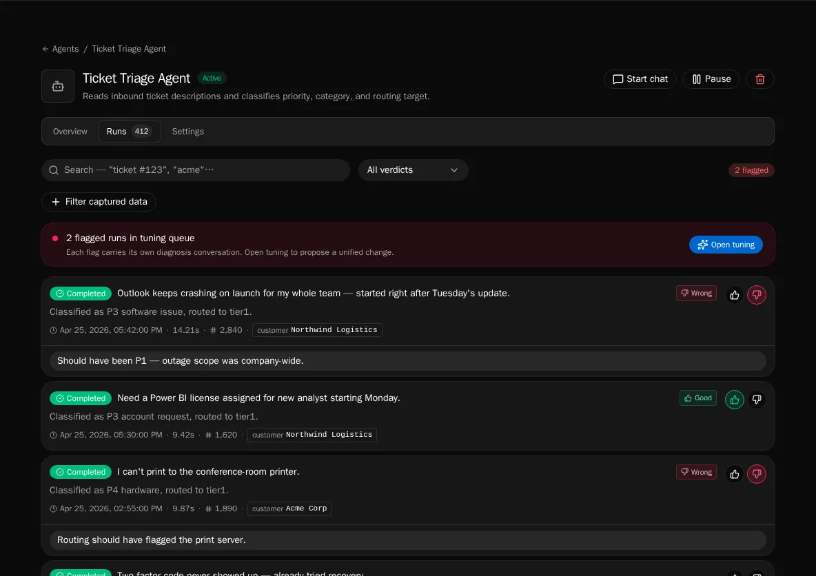 Agent runs tab with filters