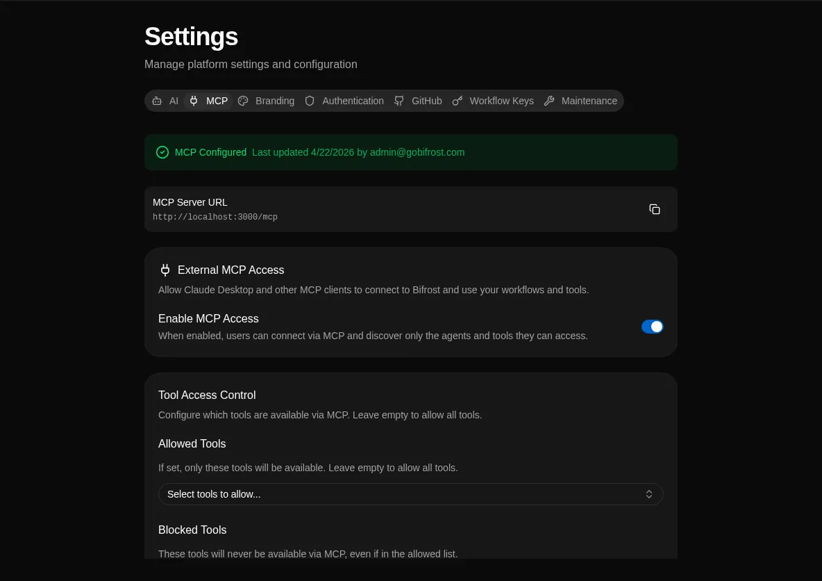 MCP settings page