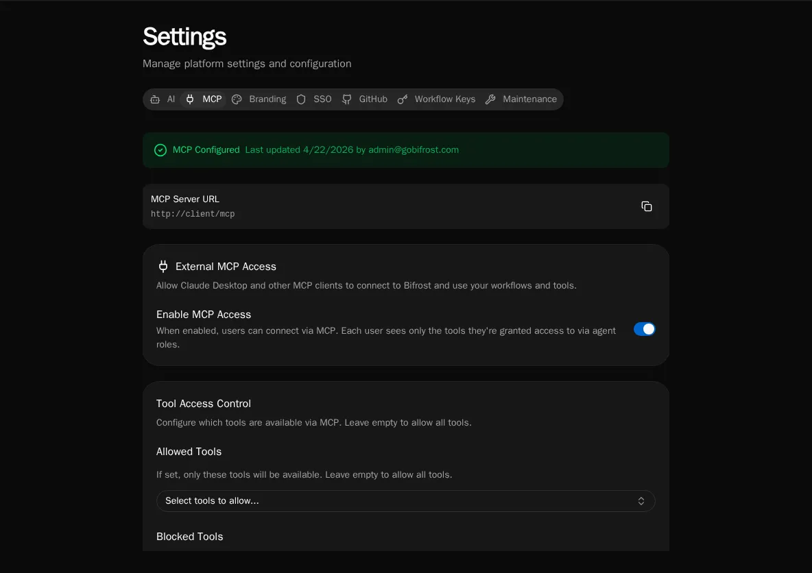 MCP settings page