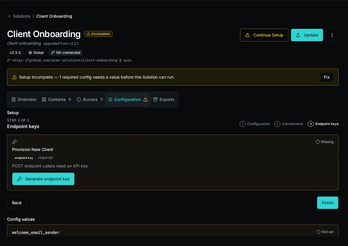 The Setup wizard on a solution install’s Configuration tab, pairing each required connection and config declaration with its satisfied or unmet status.
