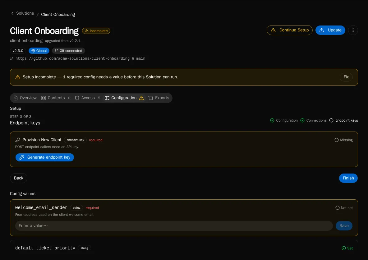 The Setup wizard on a solution install's Configuration tab, pairing each required connection and config declaration with its satisfied or unmet status.