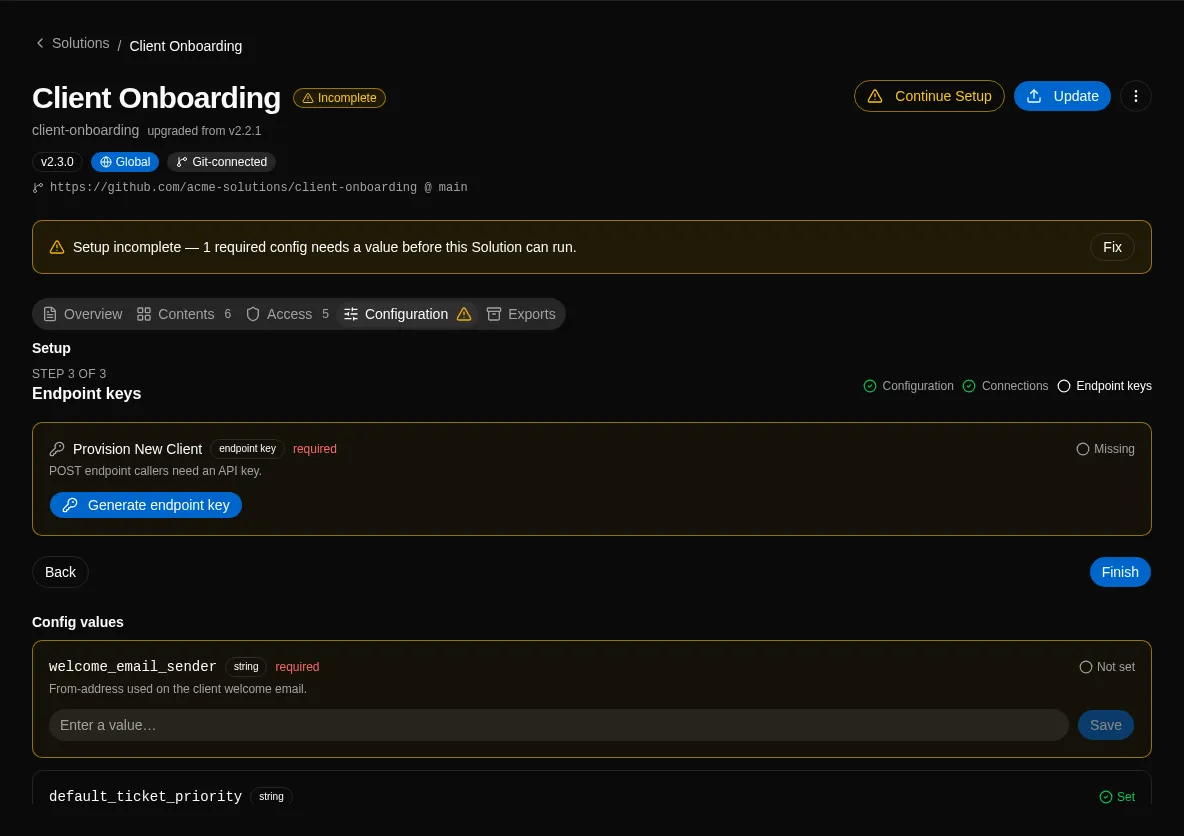 The Setup wizard on a solution install’s Configuration tab, pairing each required connection and config declaration with its satisfied or unmet status.