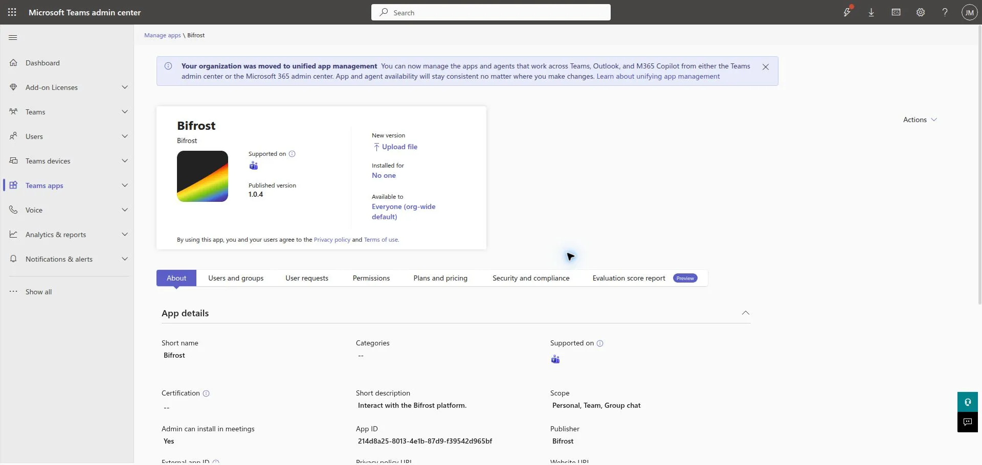 The same Bifrost catalog app after a manual package update shows the new published version