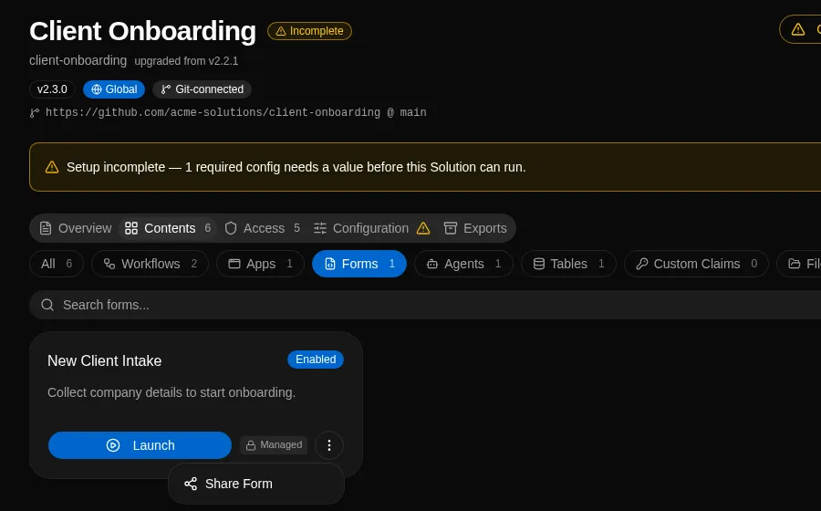 Share action for a Solution-managed form