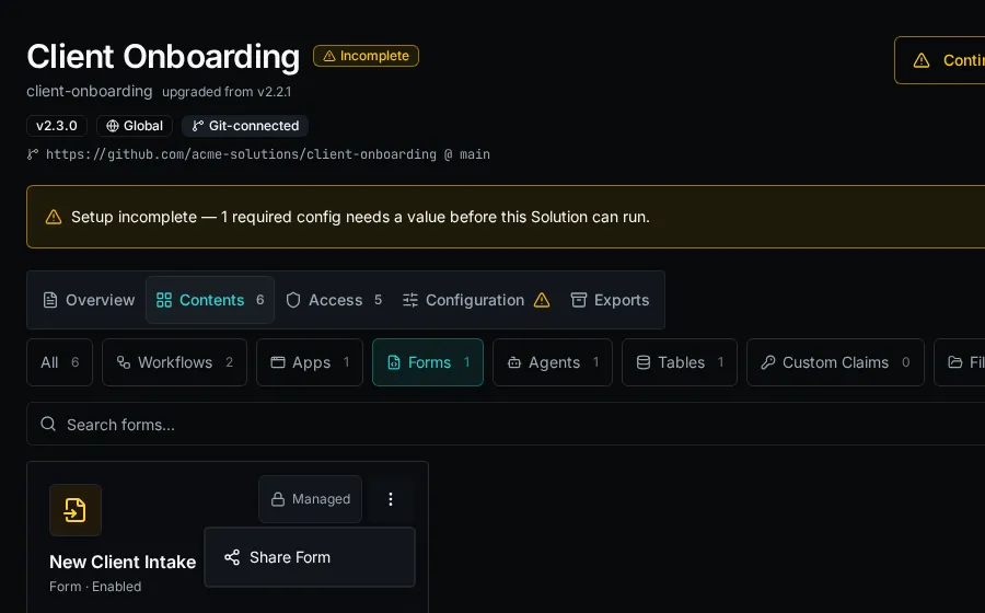 Share action for a Solution-managed form