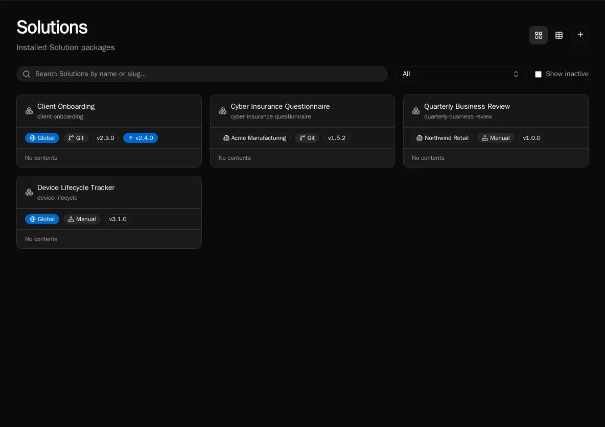 The Solutions catalog showing installed solution packages with scope, source, and version badges