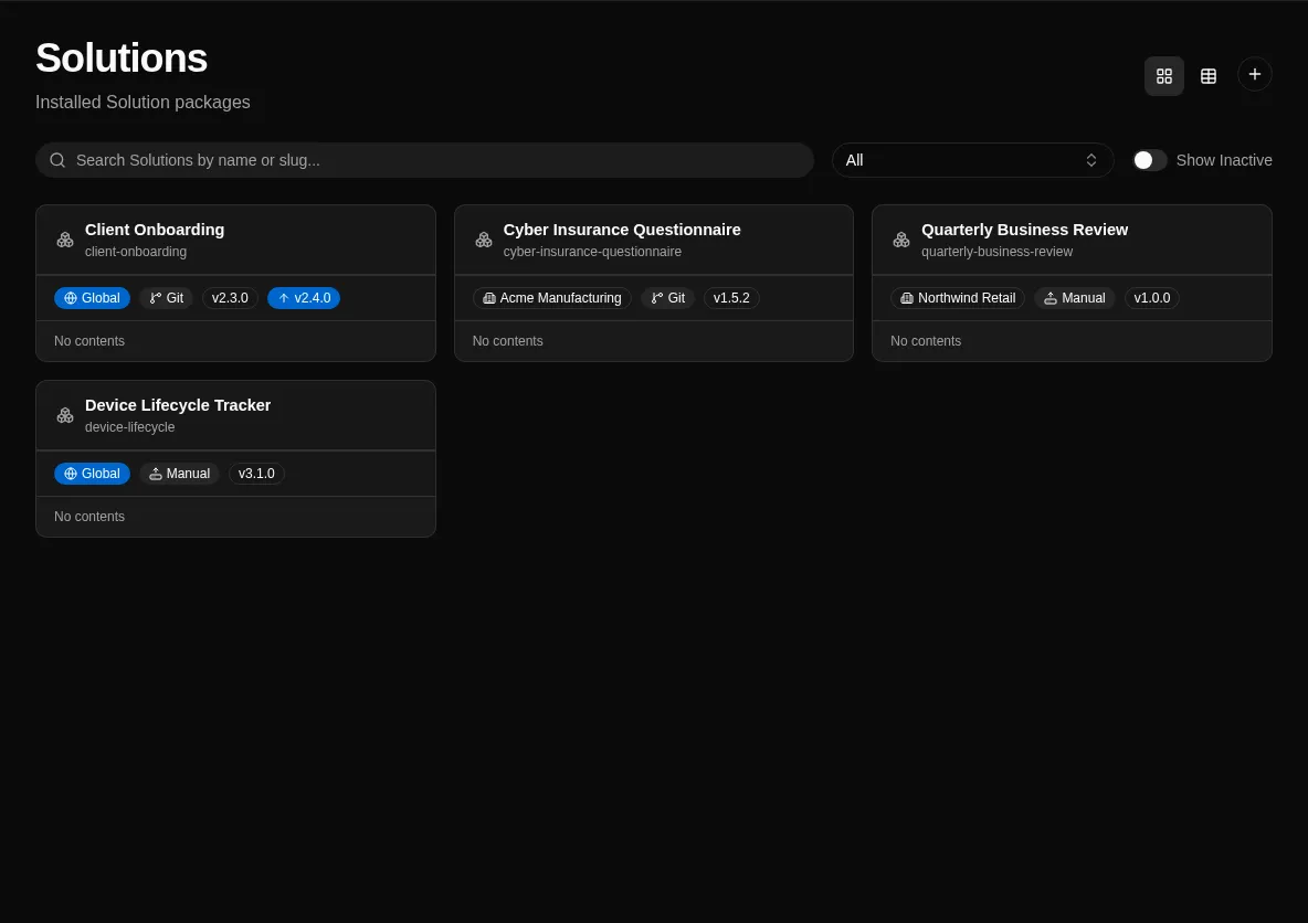 The Solutions catalog showing installed solution packages with scope, source, and version badges
