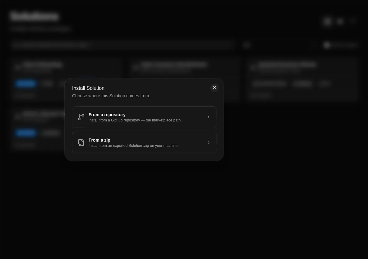 The install source picker — install from a zip or a GitHub repo