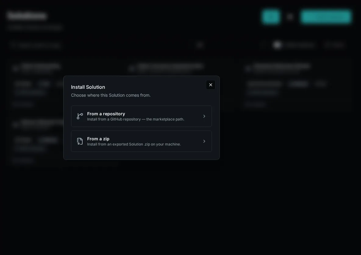 The install source picker — install from a zip or a GitHub repo