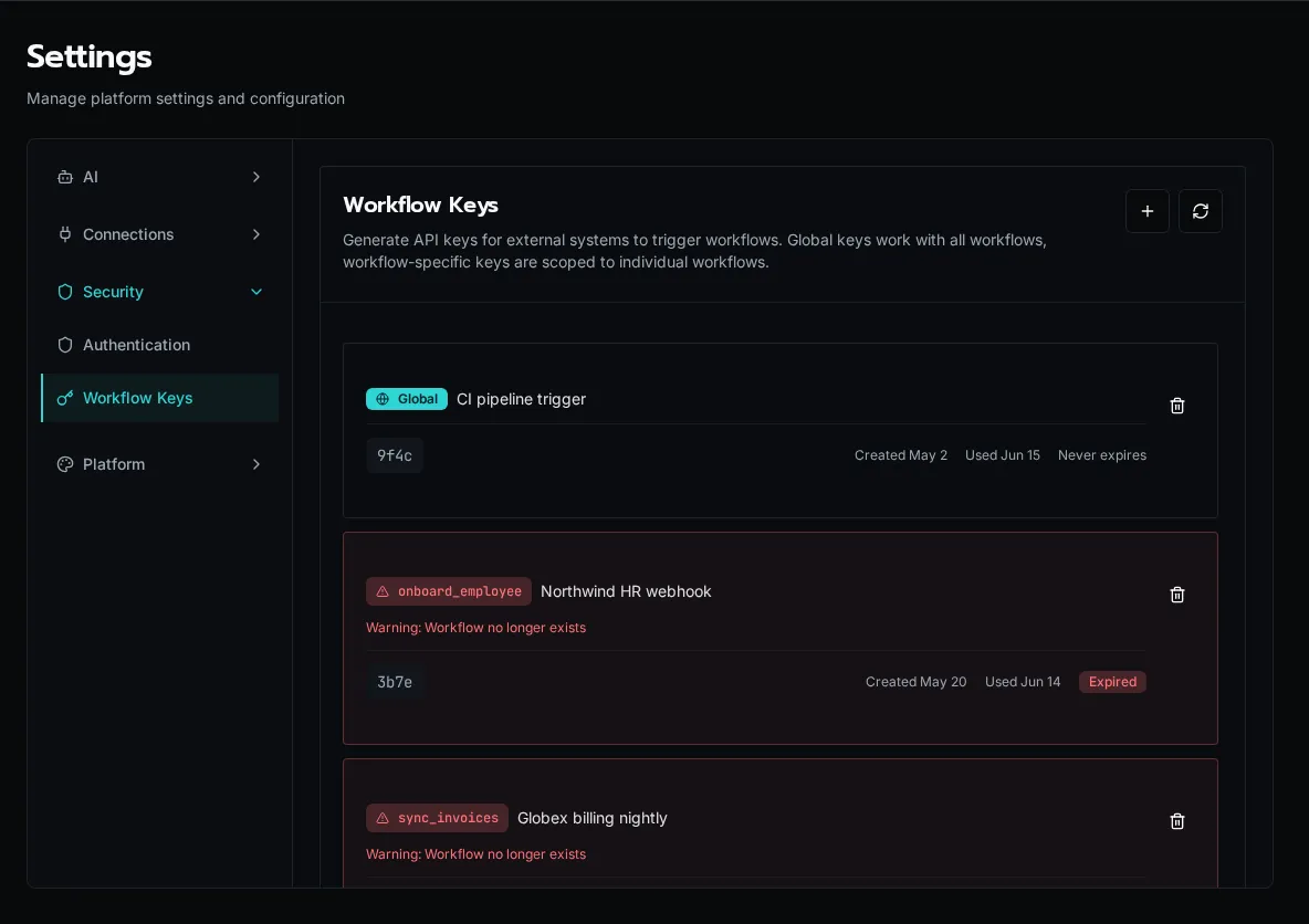 Workflow Keys settings page