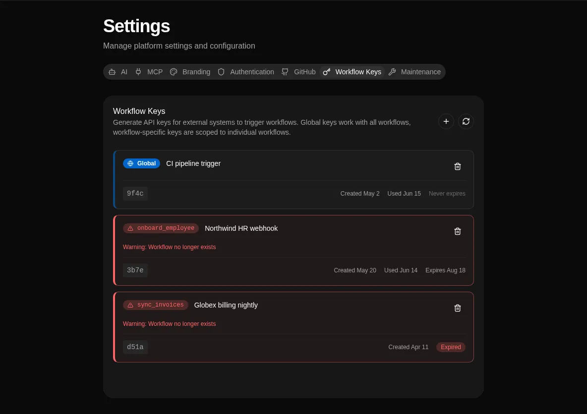Workflow Keys settings page