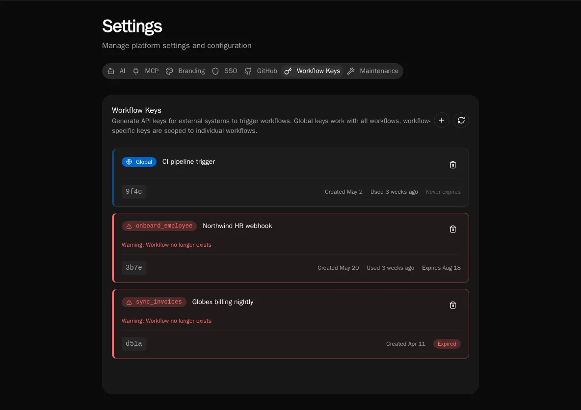 Workflow Keys settings page